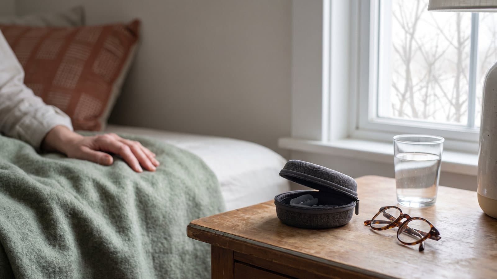 A small travel case for a mouth appliance open on a nightstand in soft late winter morning light