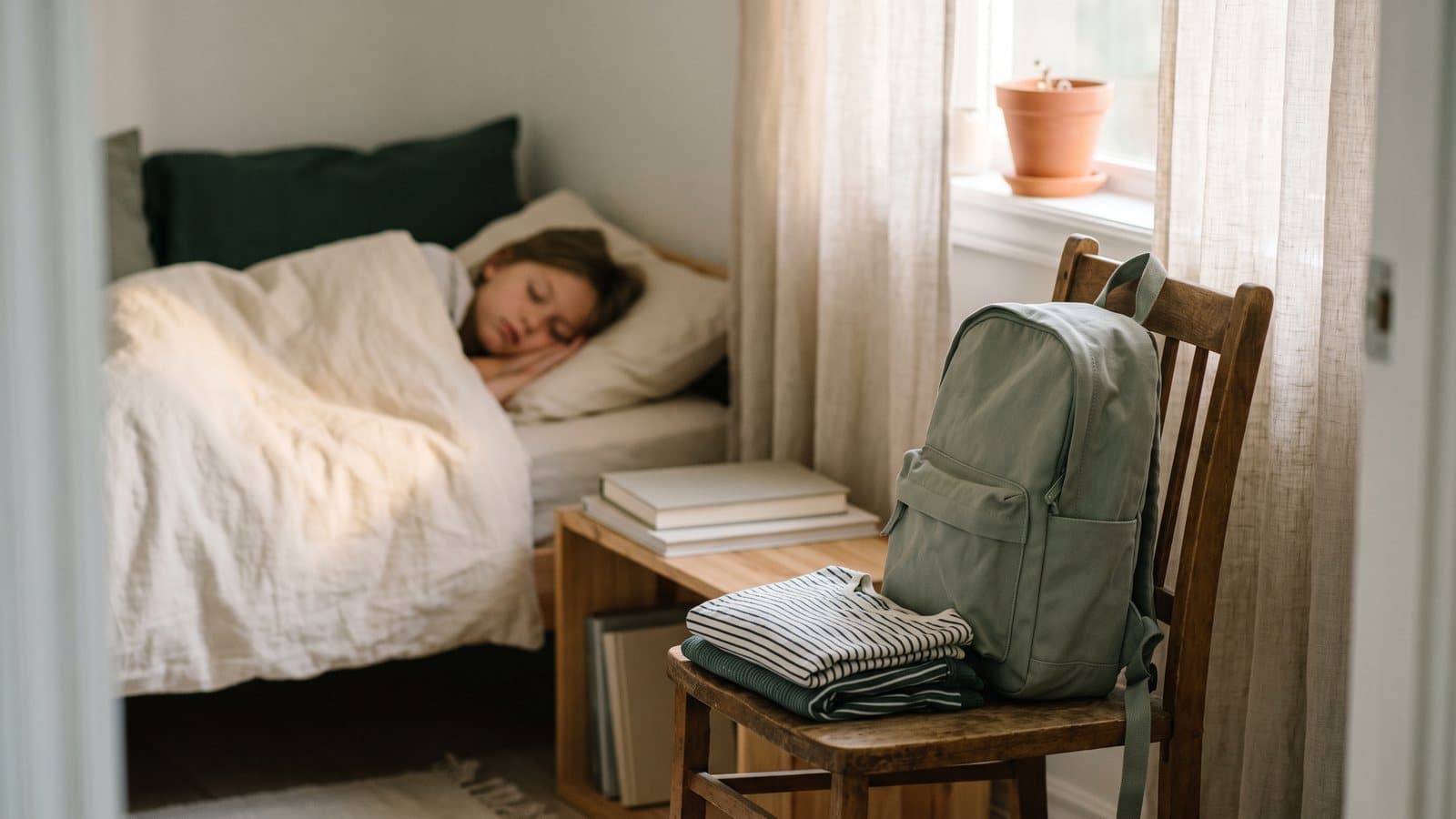 A new backpack and folded school clothes on a chair in a sunlit bedroom while a child sleeps peacefully nearby