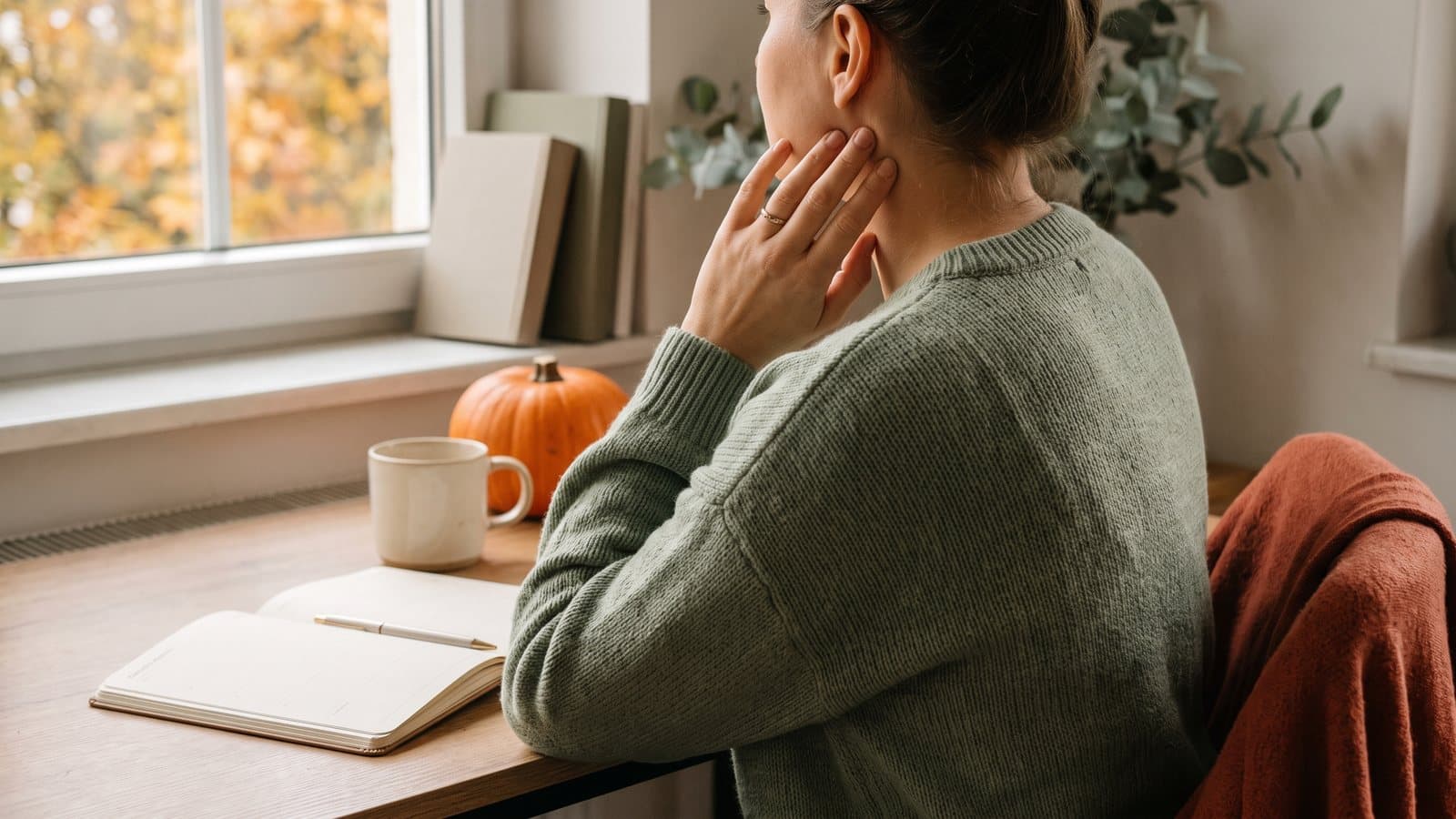 An adult seen from behind at a sunny autumn desk rests a hand along their jaw beside a planner, mug, and small pumpkin