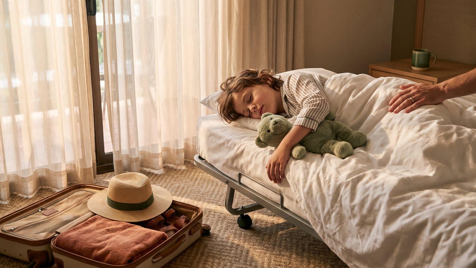 A child sleeping peacefully on a hotel rollaway bed beside a packed suitcase and sun hat in soft morning light