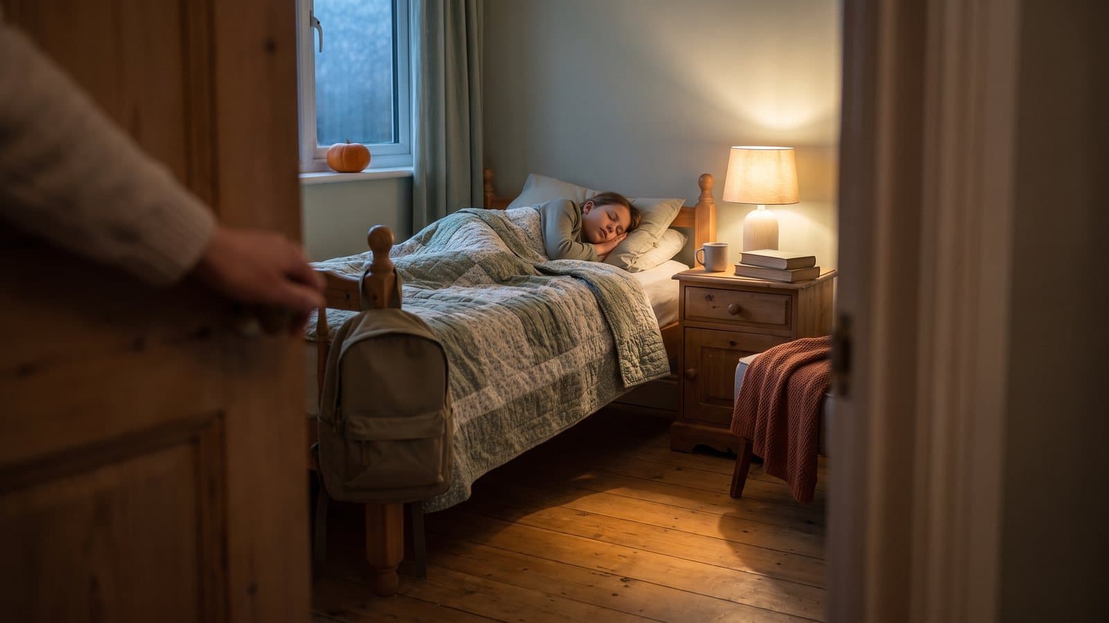 A child asleep in a cozy bedroom seen through a partly open door, with a backpack, schoolbooks, and a small pumpkin nearby