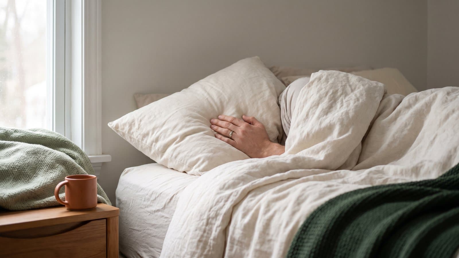 Person sleeping on their side, face turned into the pillow, hand resting near their nose in soft morning light