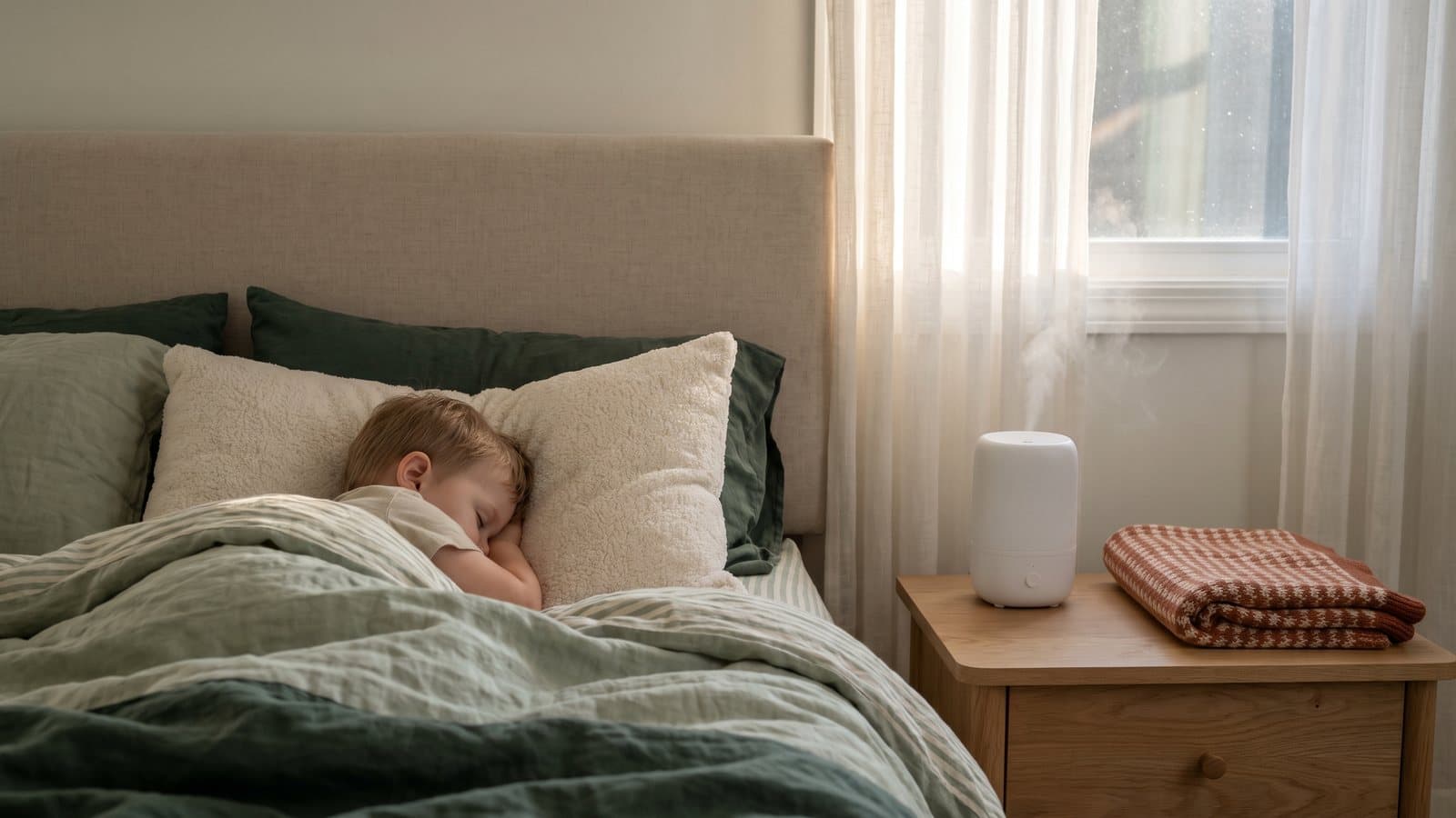 A young child napping in daytime light, face turned into the pillow, near sheer curtains and a small humidifier