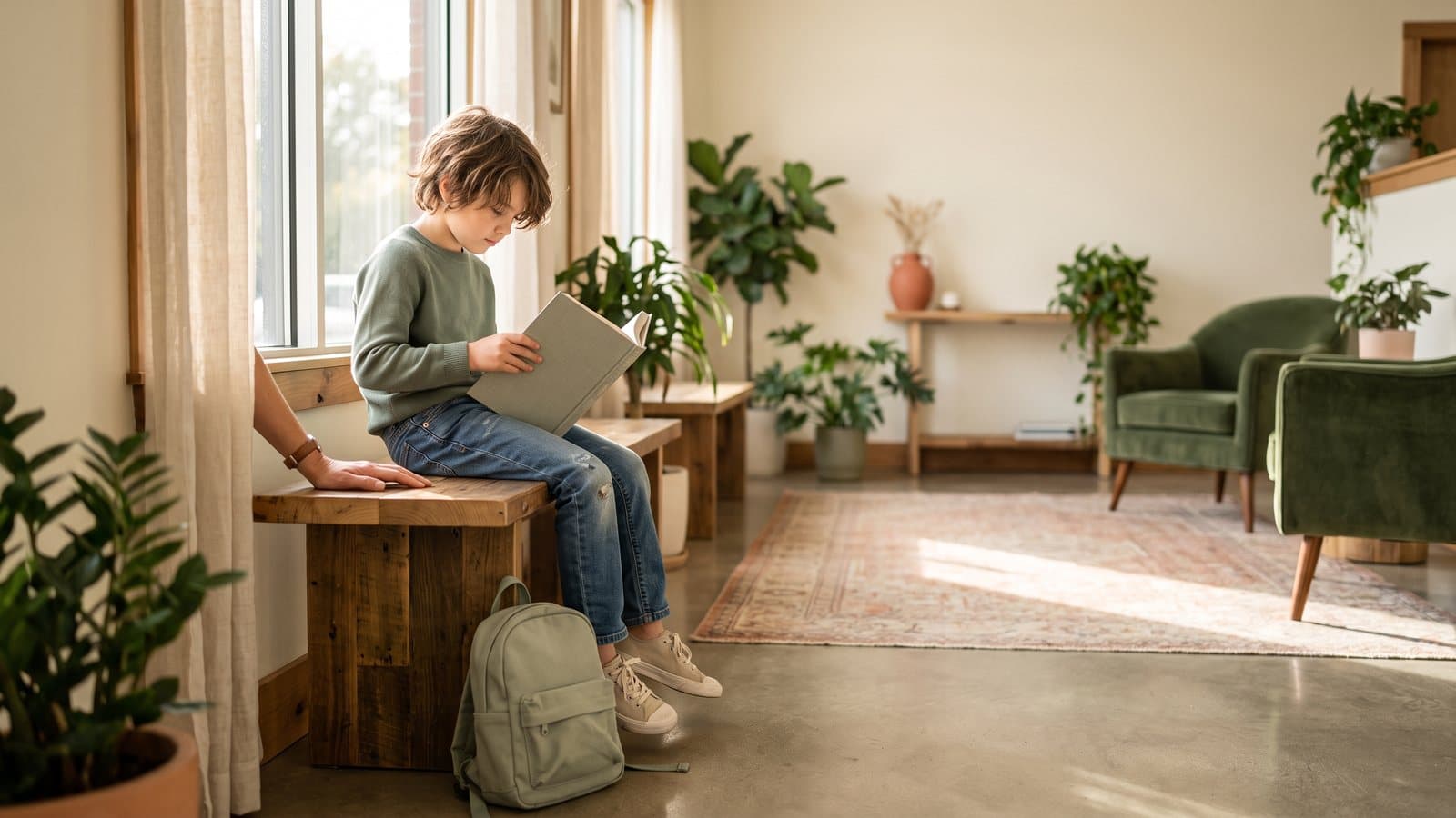 A young child reads a picture book beside a parent in a sunny waiting room before a dental visit