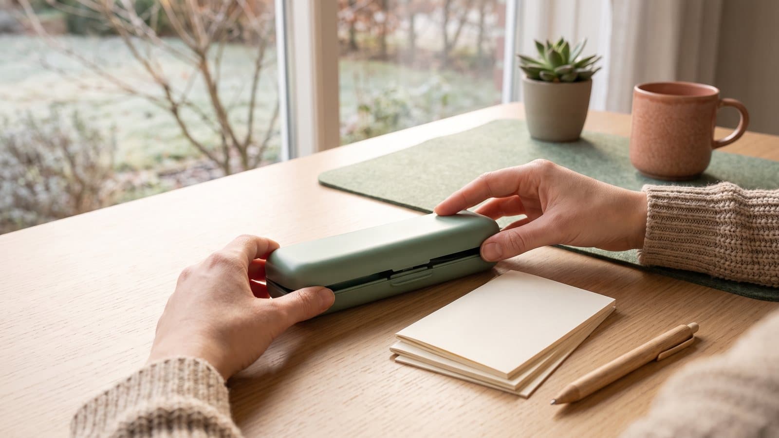Hands closing a slim oral appliance case beside a small stack of blank folders on a sunlit desk