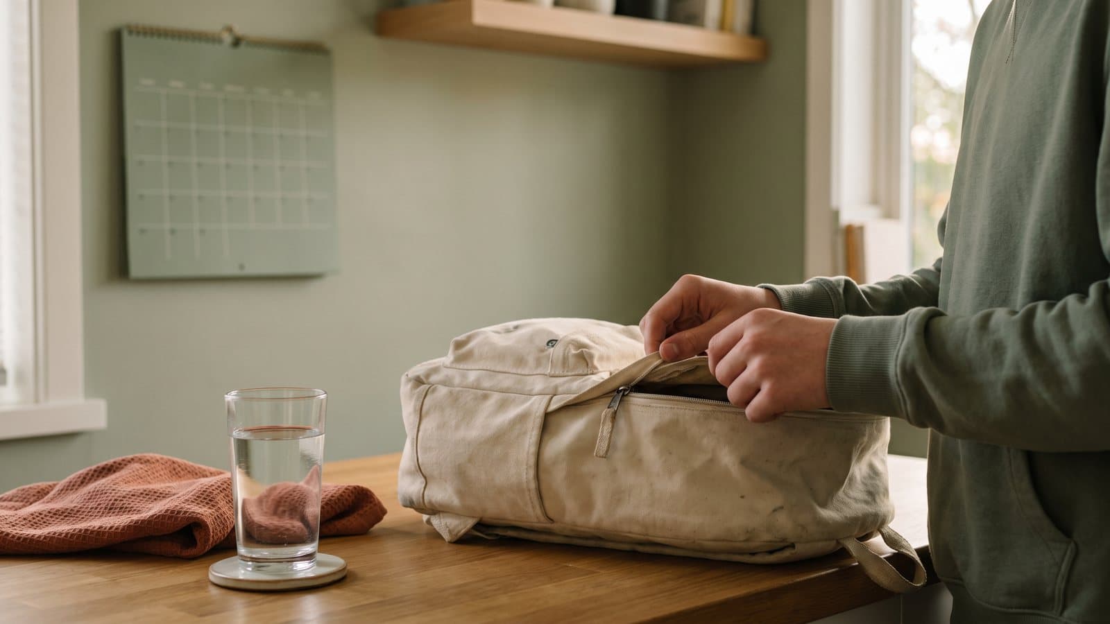 A teen's hands zip a school backpack beside a glass of water on a sunlit kitchen counter