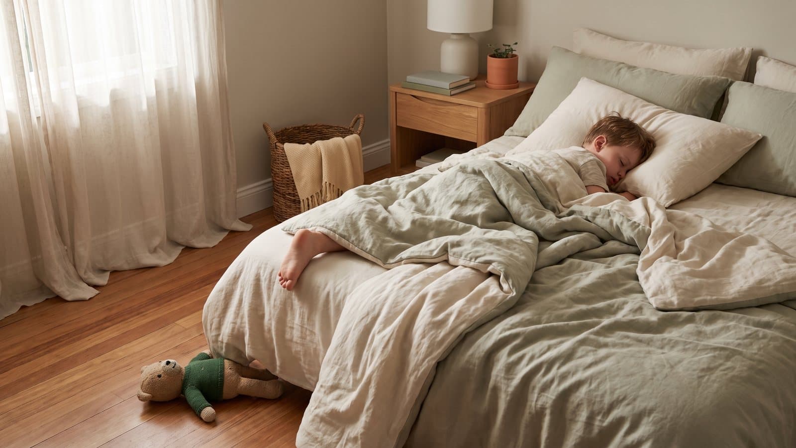 A child asleep sideways across a bed with tangled sheets, one bare foot free of the blanket, soft morning light