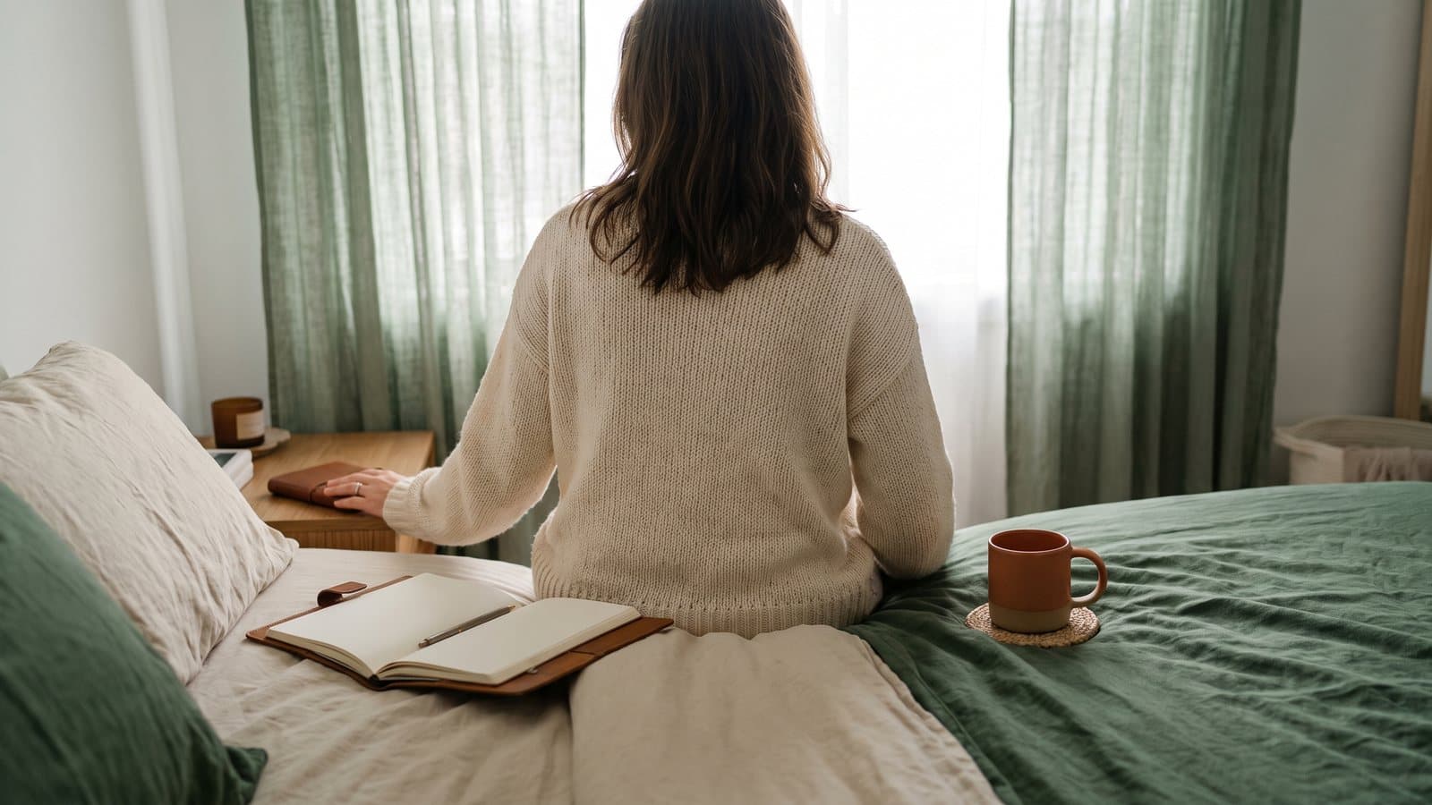A woman seen from behind sits on a bed's edge in soft morning light, hand resting near a journal on the nightstand