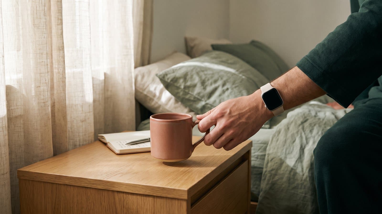 A smartwatch resting on a nightstand beside a coffee mug and an open notebook in soft morning light