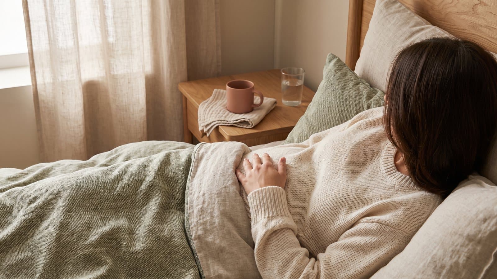 A pregnant woman resting on her side in bed, face turned away, morning light through a curtain