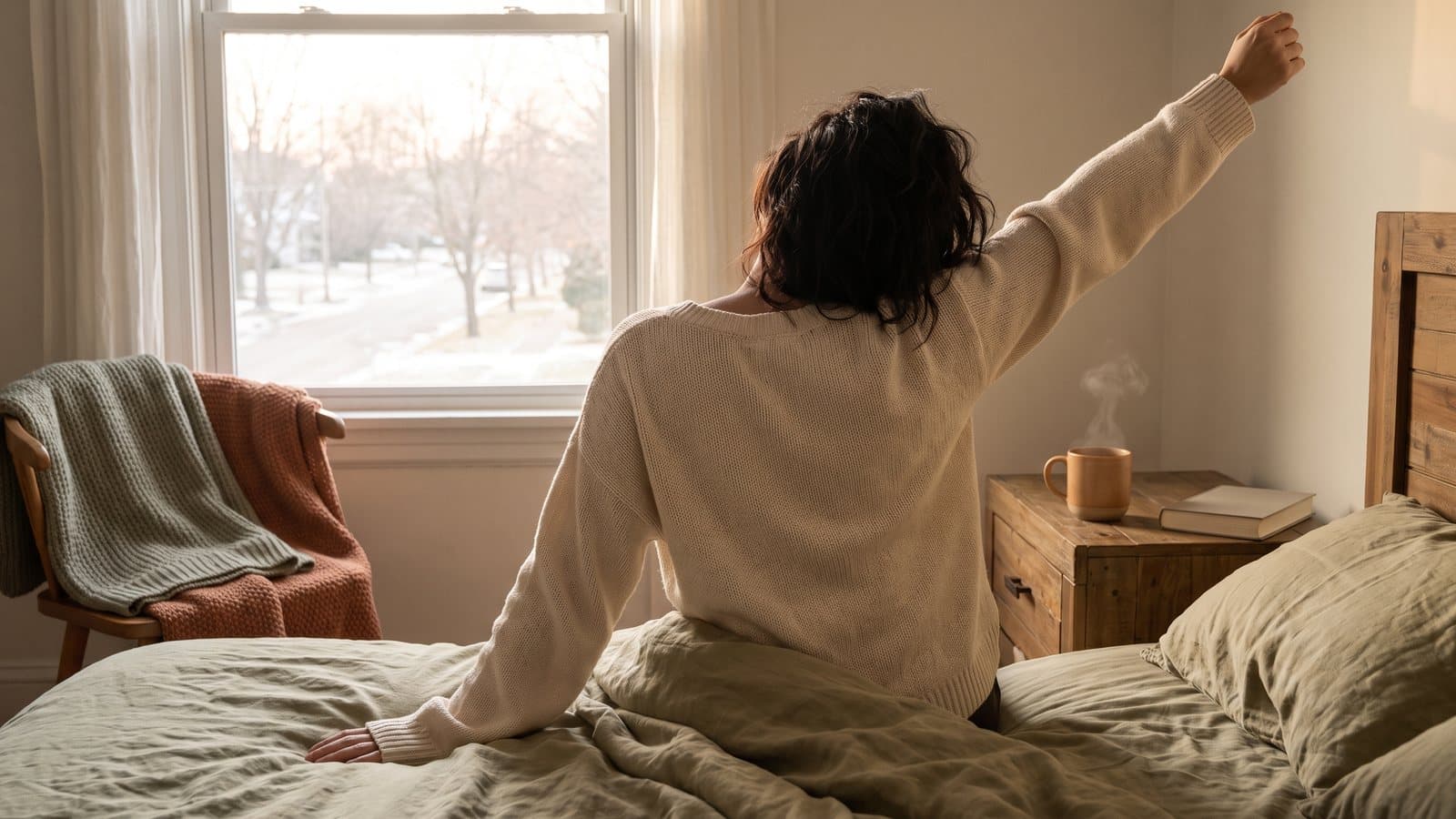 Person stretching awake in soft morning light beside a rumpled bed and a steaming mug