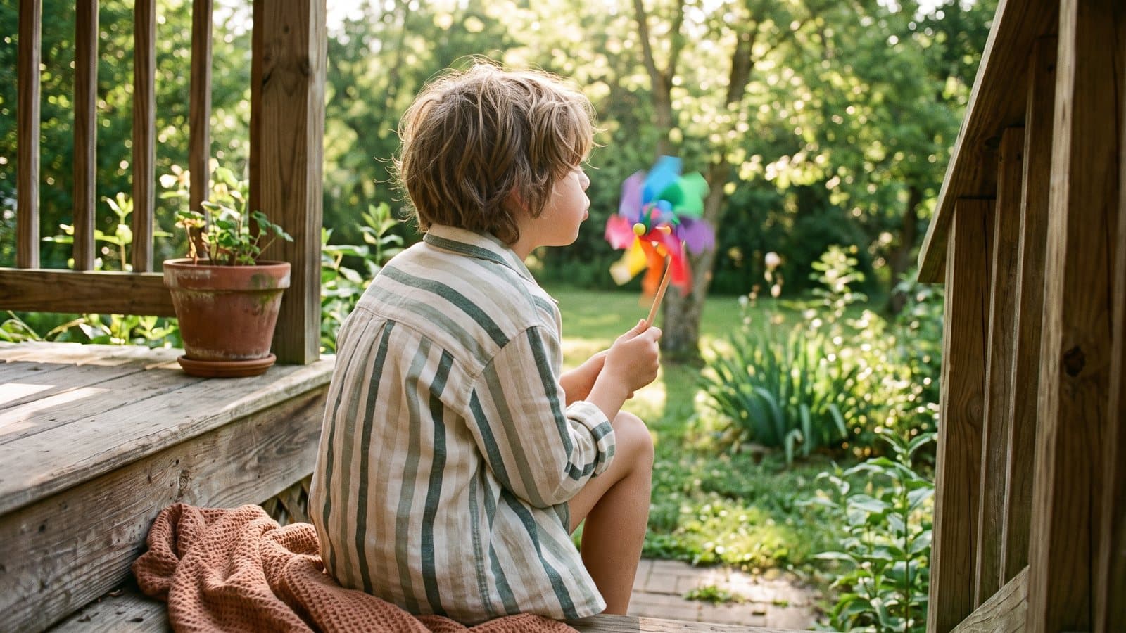 A child blows a pinwheel on a sunlit summer porch, seen from the side with face turned away